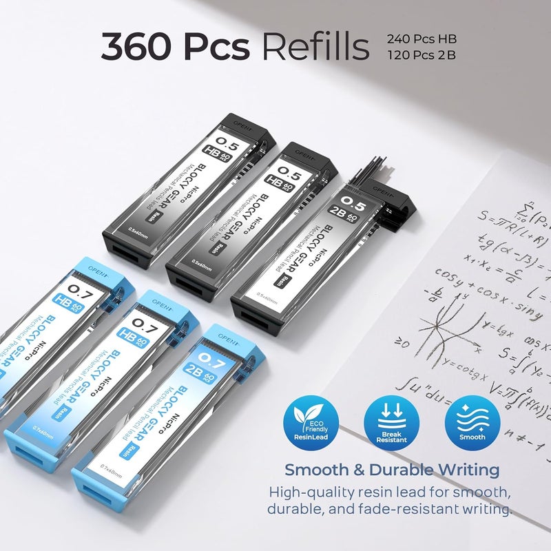 Nicpro مجموعة أقلام رصاص ميكانيكية Blocky Gear 0.5 مم و 0.7 مم في علبة، قلم معدني مع 6 أنابيب من إعادة تعبئة الرصاص، ممحاة، إعادة تعبئة الممحاة للفن الاحترافي والكتابة والرسم والتخطيط للبالغين - Image 4